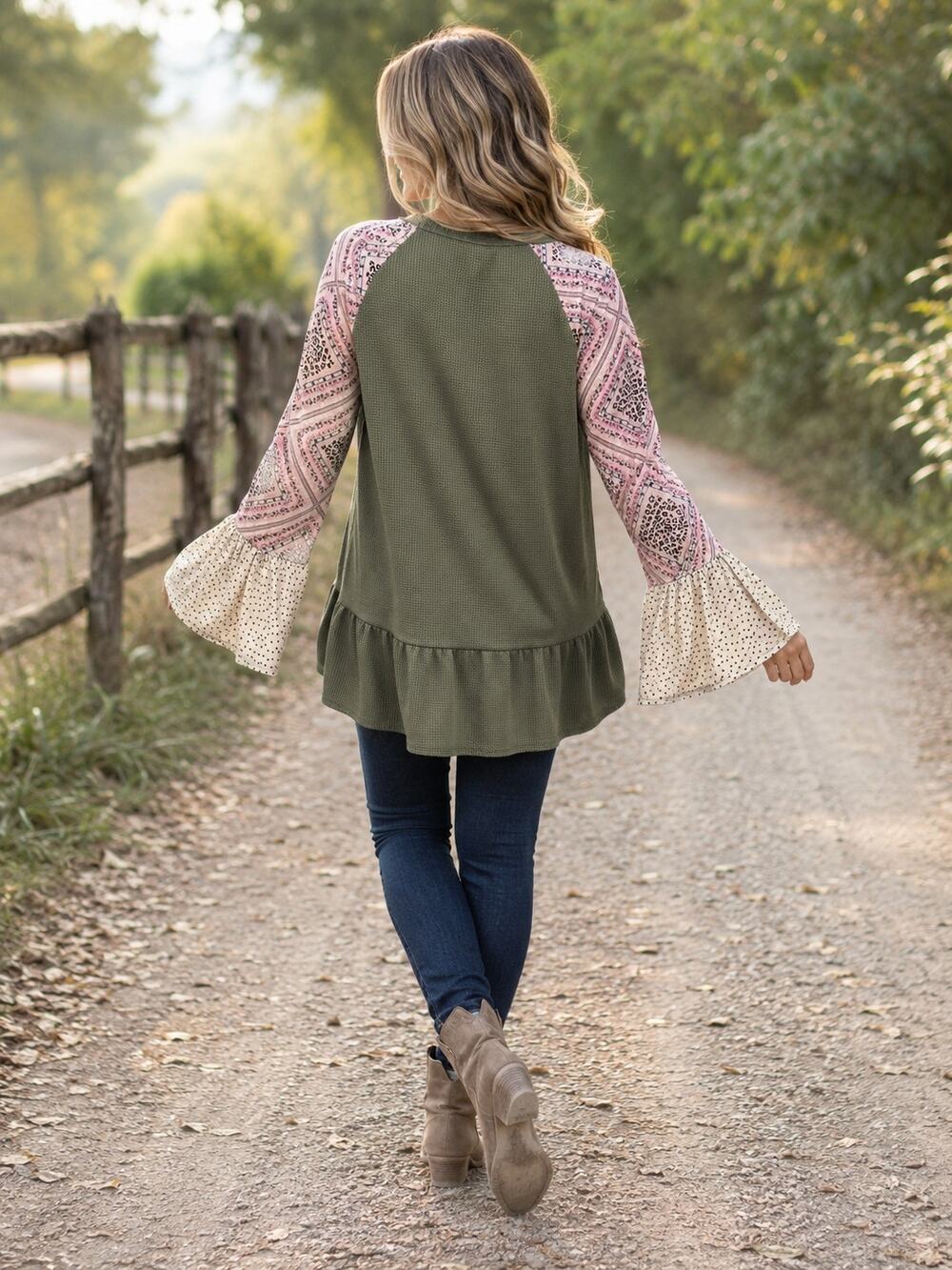 L Love Olive Green Waffle Knit Mixed Print Bell Sleeve Peplum Top M
